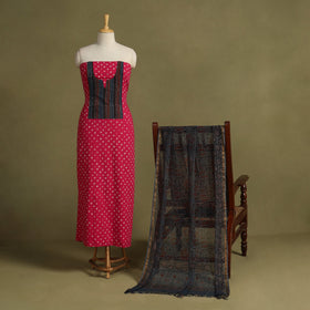 Red 2pc Unstitched Bandhani Dress Material with Jewellery Set