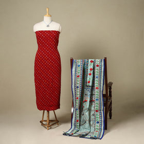 Red 2pc Unstitched Bandhani Dress Material with Jewellery Set