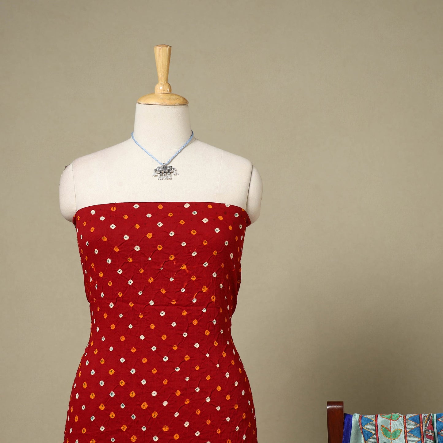 Red 2pc Unstitched Bandhani Dress Material with Jewellery Set