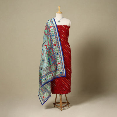 Red 2pc Unstitched Bandhani Dress Material with Jewellery Set