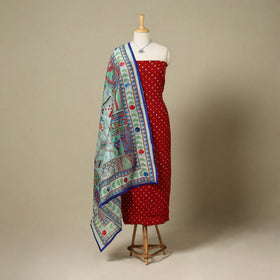 Red 2pc Unstitched Bandhani Dress Material with Jewellery Set