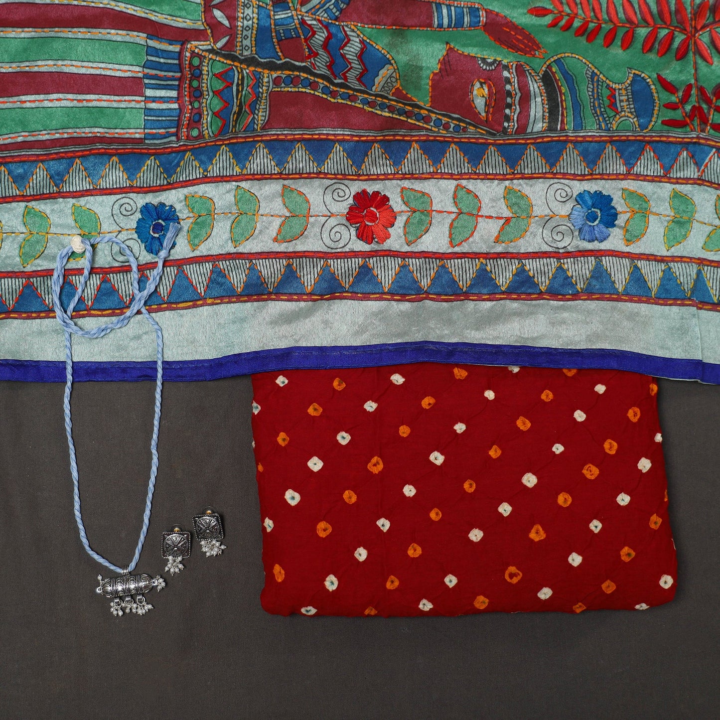 Red 2pc Unstitched Bandhani Dress Material with Jewellery Set