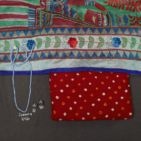 Red 2pc Unstitched Bandhani Dress Material with Jewellery Set