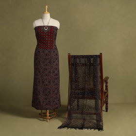 Red 2pc Unstitched Ajrakh Dress Material with Jewellery Set