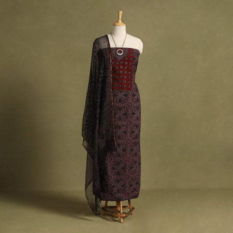 Red 2pc Unstitched Ajrakh Dress Material with Jewellery Set