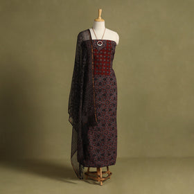 Red 2pc Unstitched Ajrakh Dress Material with Jewellery Set