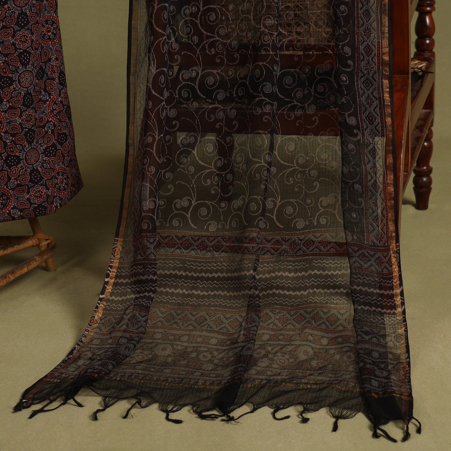 Red 2pc Unstitched Ajrakh Dress Material with Jewellery Set