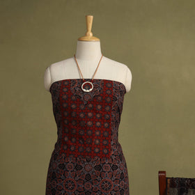 Red 2pc Unstitched Ajrakh Dress Material with Jewellery Set