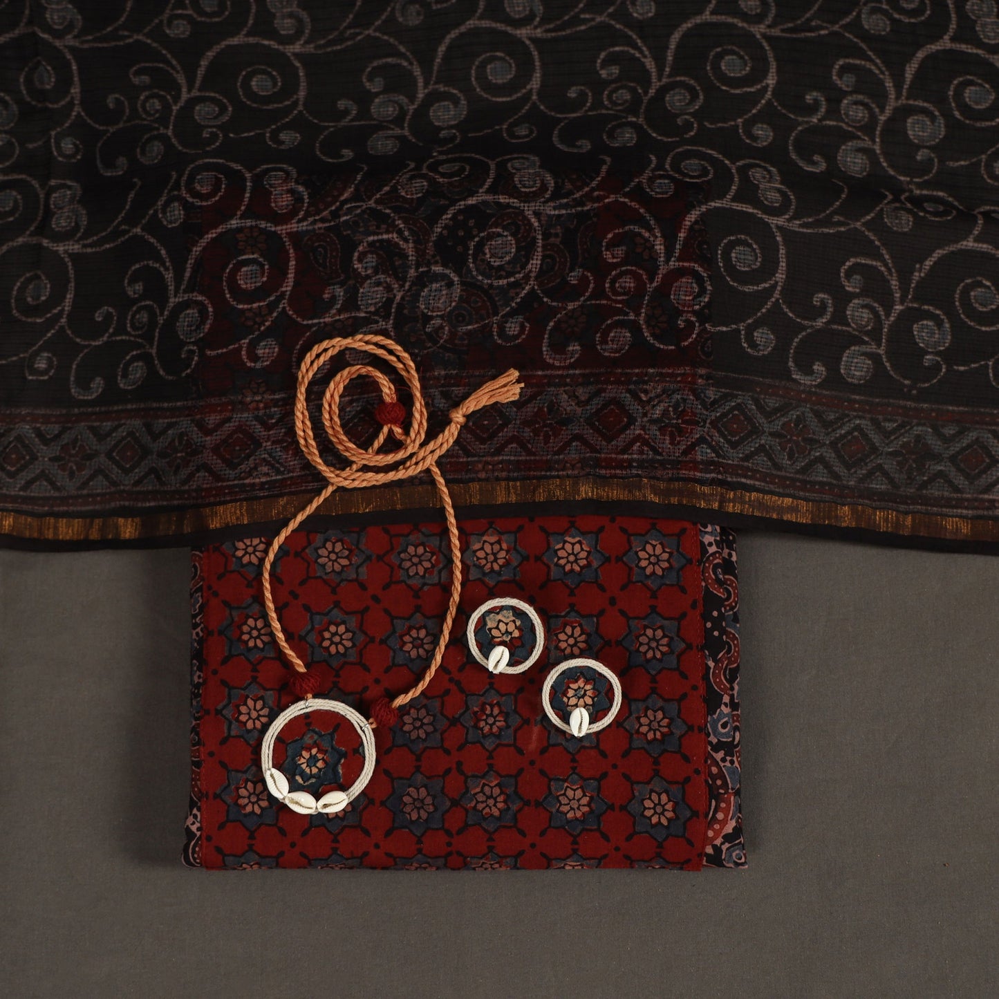 Red 2pc Unstitched Ajrakh Dress Material with Jewellery Set