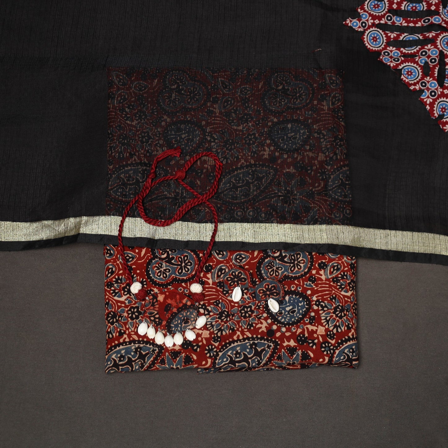 Red - 2pc unstitched dress material with jewellery set 29