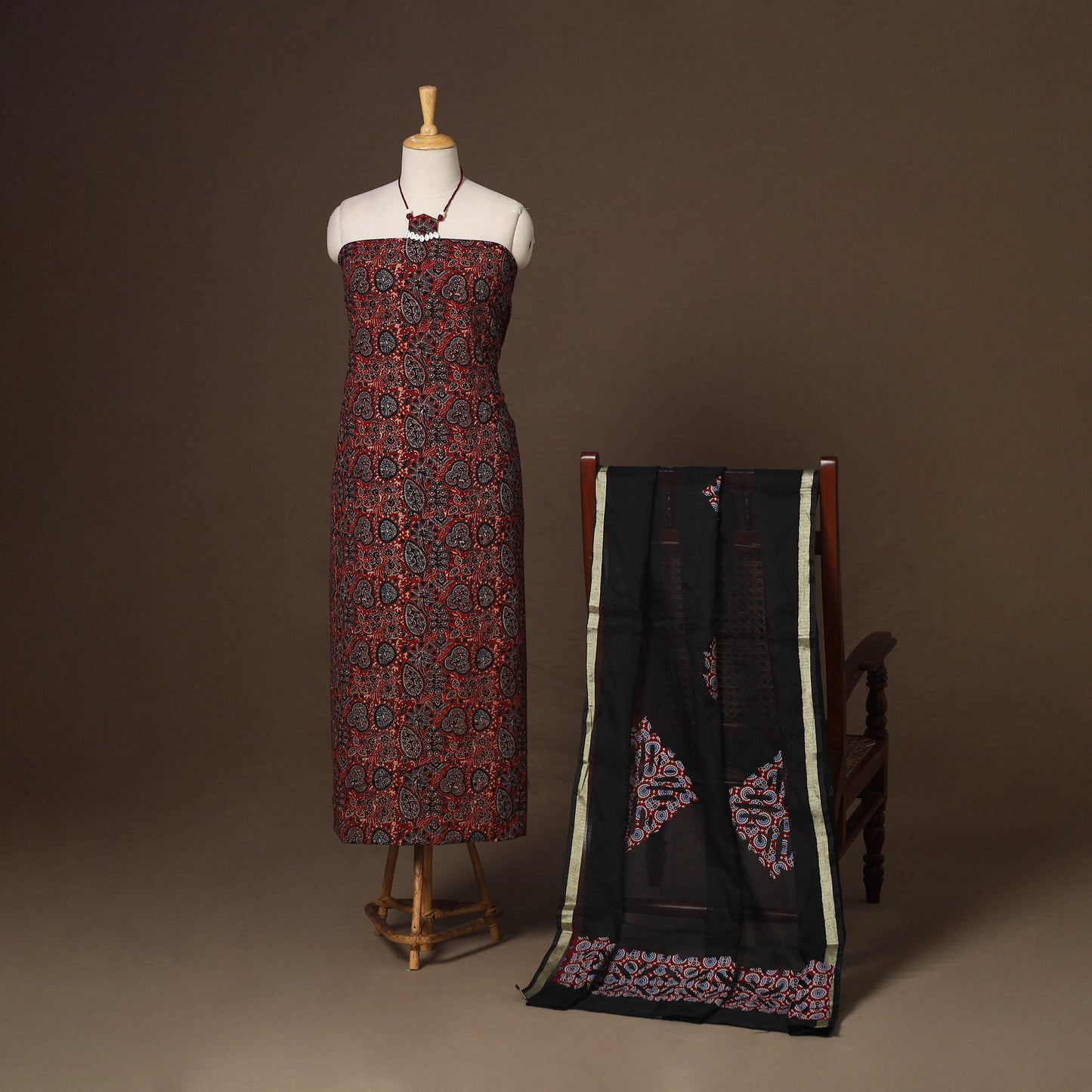 Red - 2pc unstitched dress material with jewellery set 29