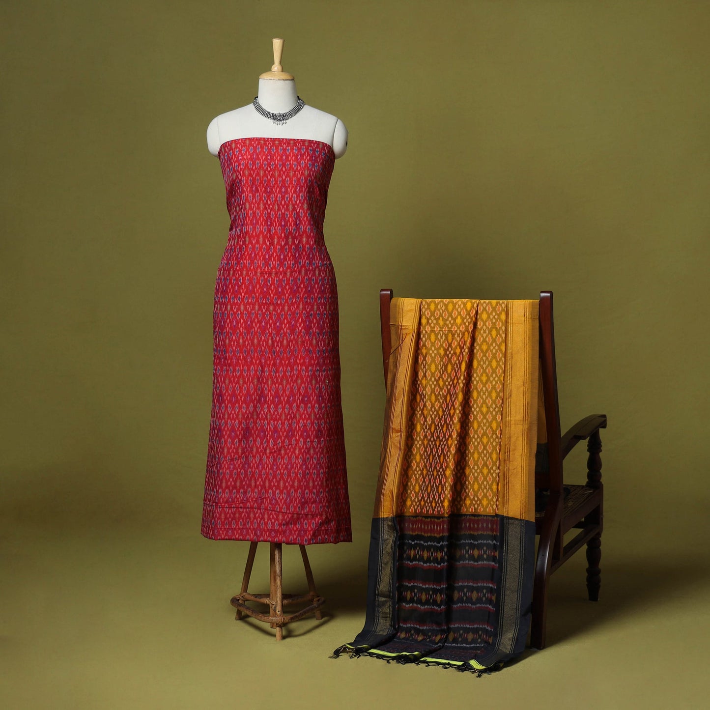 Red - 2pc unstitched handloom sico pochampally ikat dress