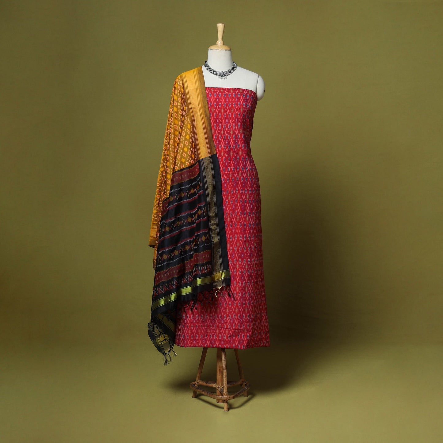 Red - 2pc unstitched handloom sico pochampally ikat dress