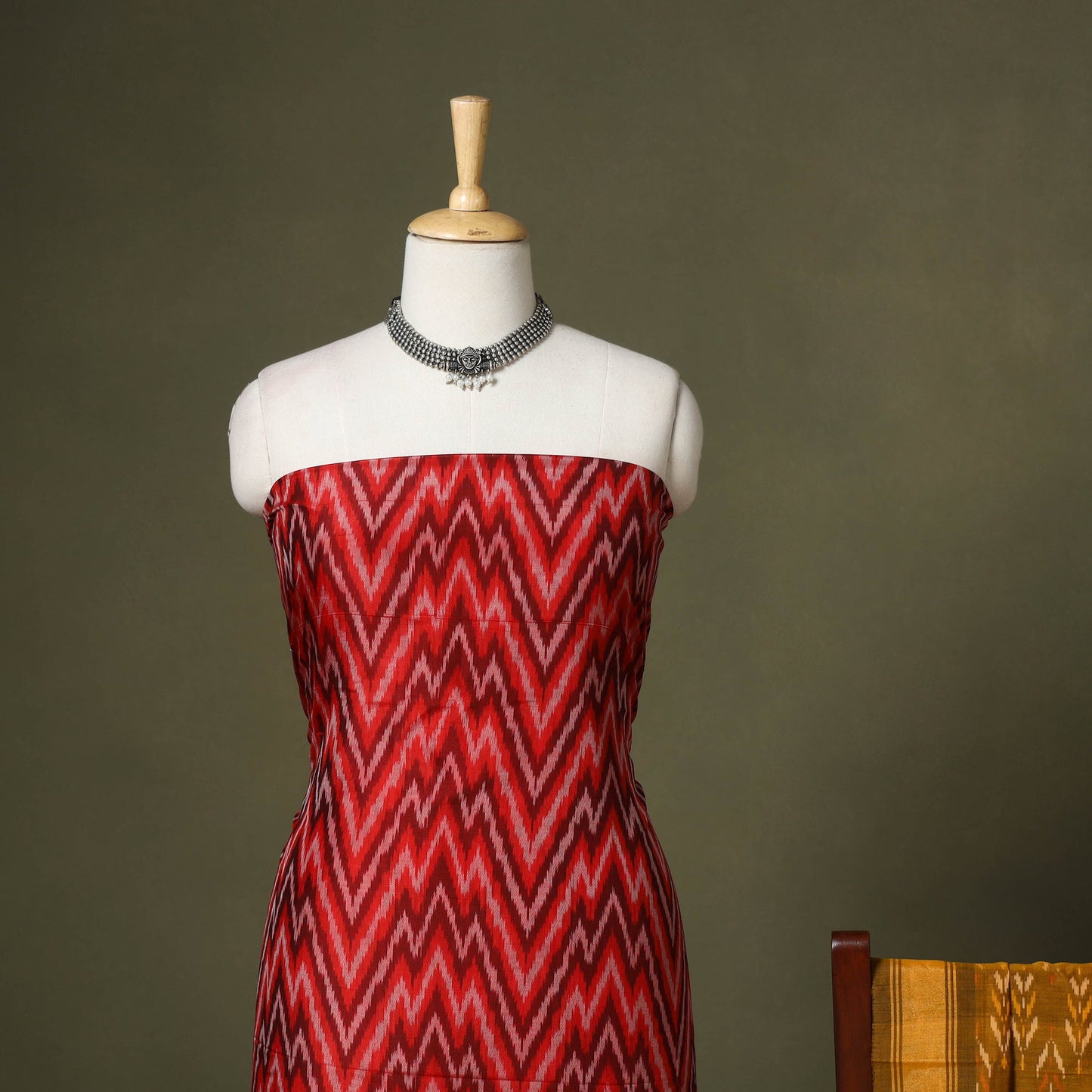 Red - 2pc unstitched handloom sico pochampally ikat dress