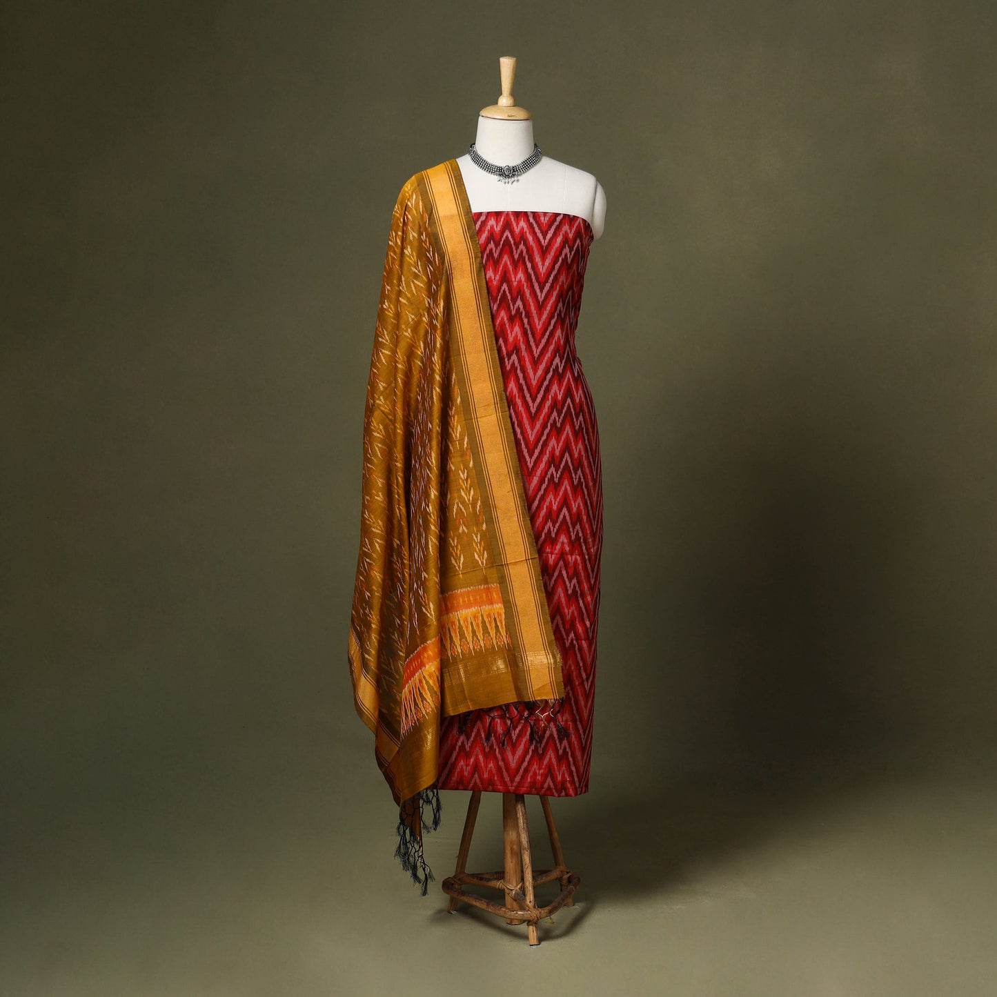 Red - 2pc unstitched handloom sico pochampally ikat dress