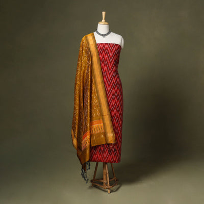 Red - 2pc unstitched handloom sico pochampally ikat dress