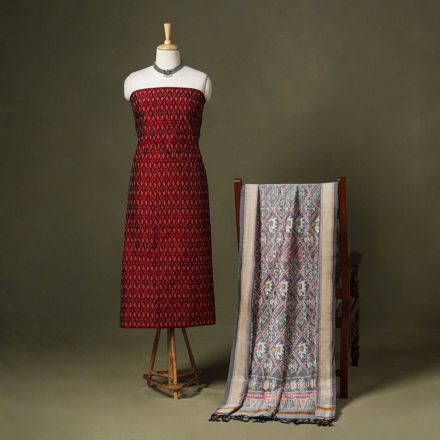Red - 2pc unstitched handloom sico pochampally ikat dress