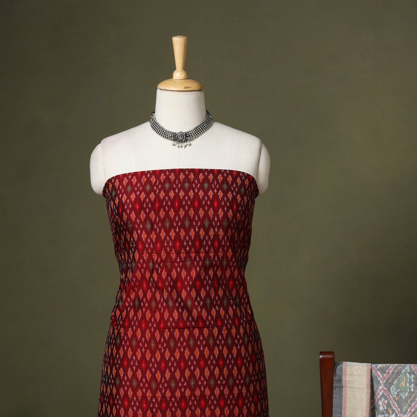 Red - 2pc unstitched handloom sico pochampally ikat dress