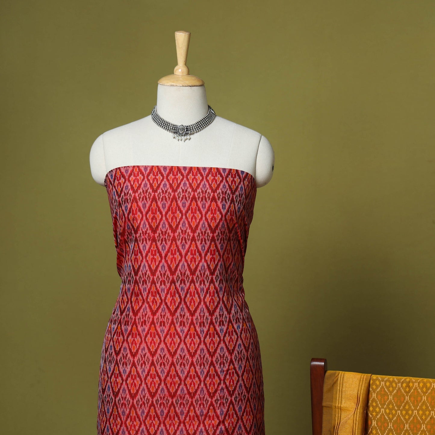 Red - 2pc unstitched handloom sico pochampally ikat dress