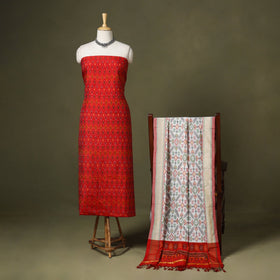 Red - 2pc unstitched handloom sico pochampally ikat dress