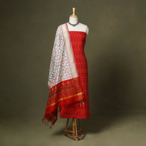 Red - 2pc unstitched handloom sico pochampally ikat dress