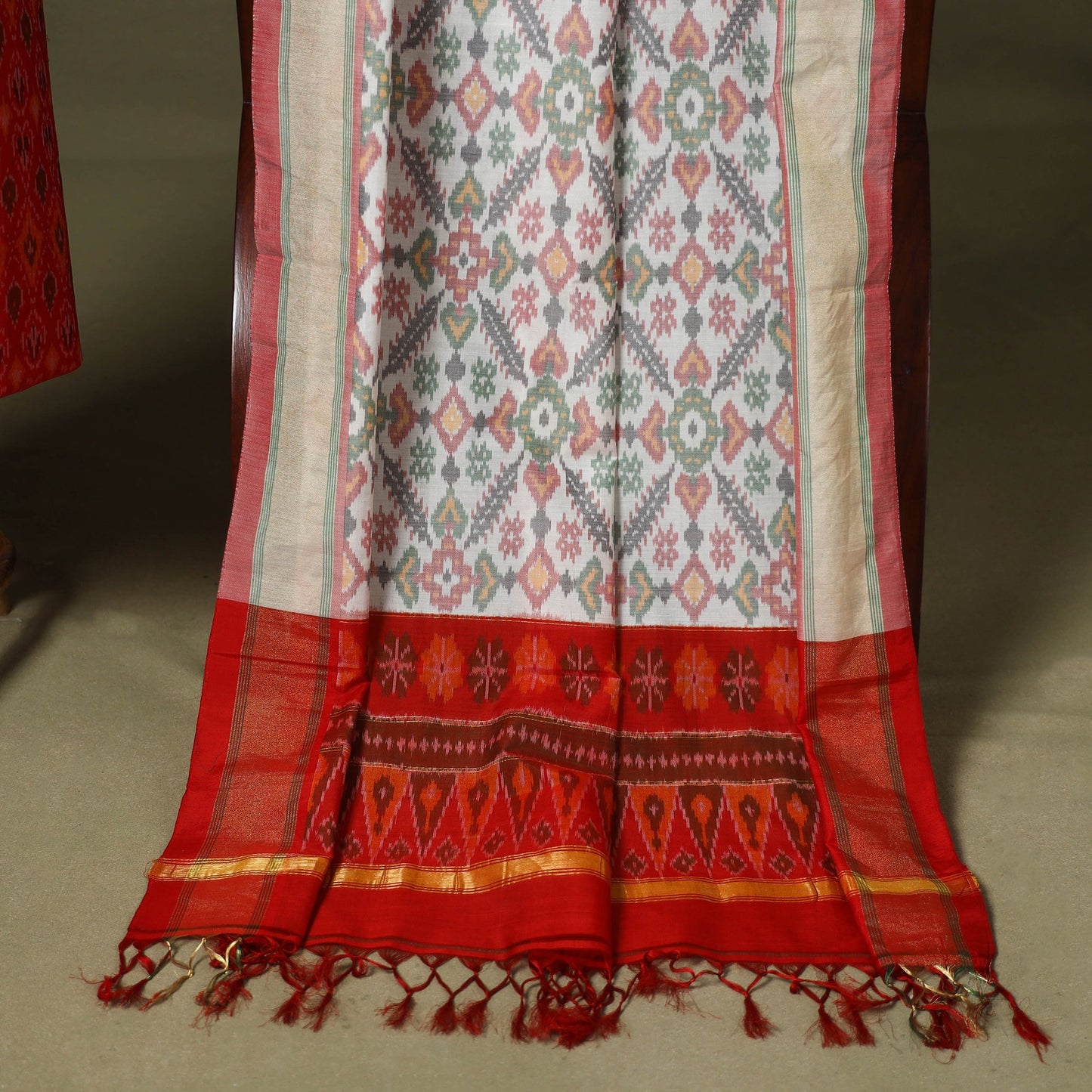 Red - 2pc unstitched handloom sico pochampally ikat dress