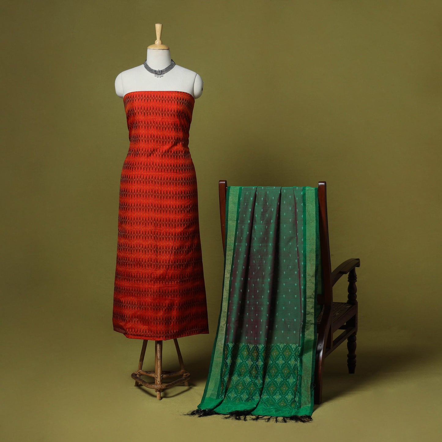 Red - 2pc unstitched handloom sico pochampally ikat dress