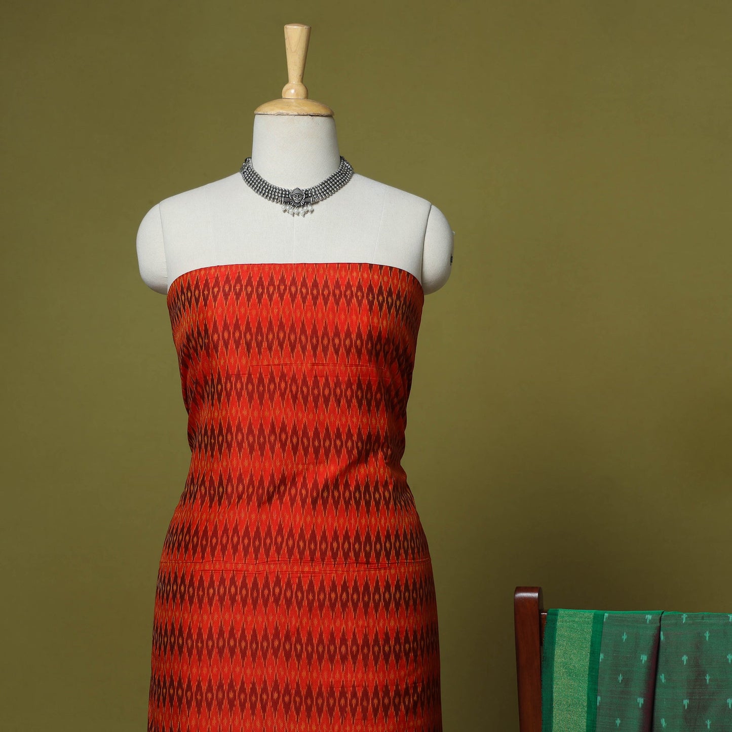 Red - 2pc unstitched handloom sico pochampally ikat dress