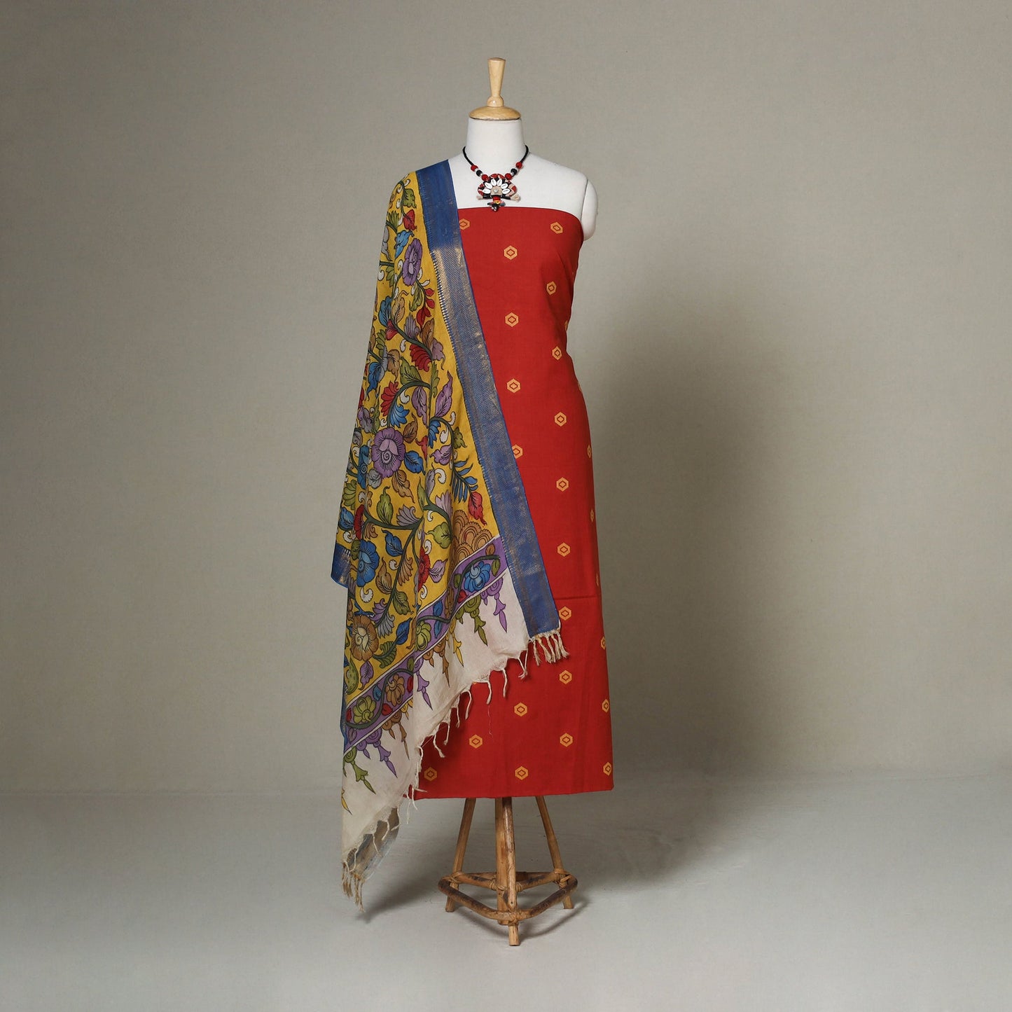 Red - 2pc unstitched jacquard dress material with jewellery