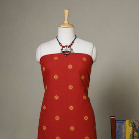 Red - 2pc unstitched jacquard dress material with jewellery