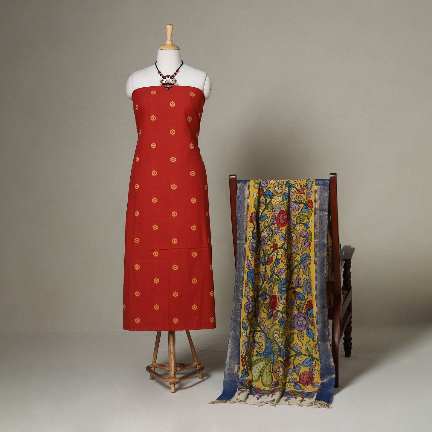 Red - 2pc unstitched jacquard dress material with jewellery