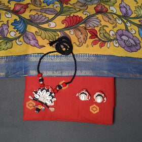 Red - 2pc unstitched jacquard dress material with jewellery