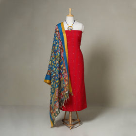 Red - 2pc unstitched jacquard dress material with jewellery