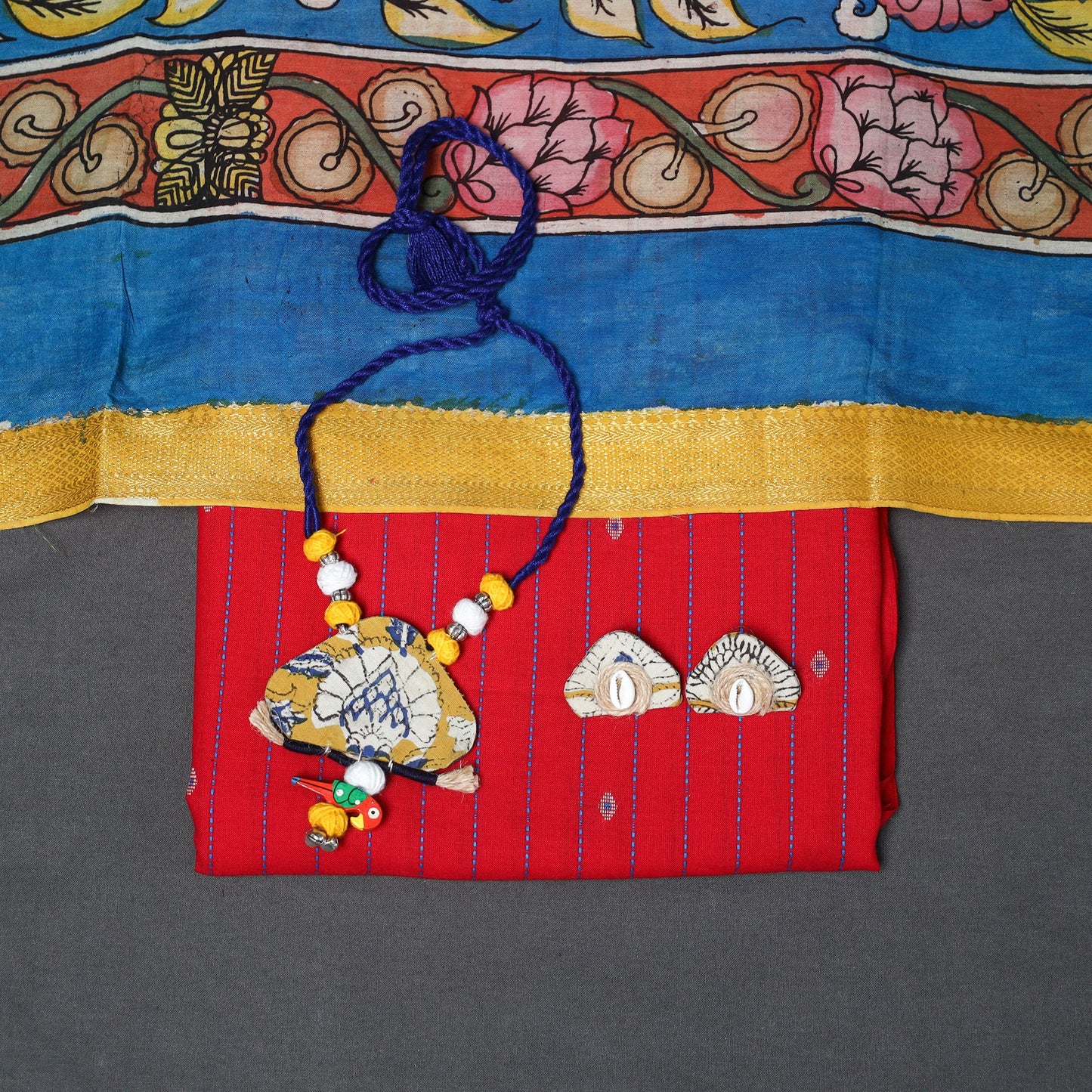 Red - 2pc unstitched jacquard dress material with jewellery