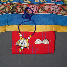 Red - 2pc unstitched jacquard dress material with jewellery