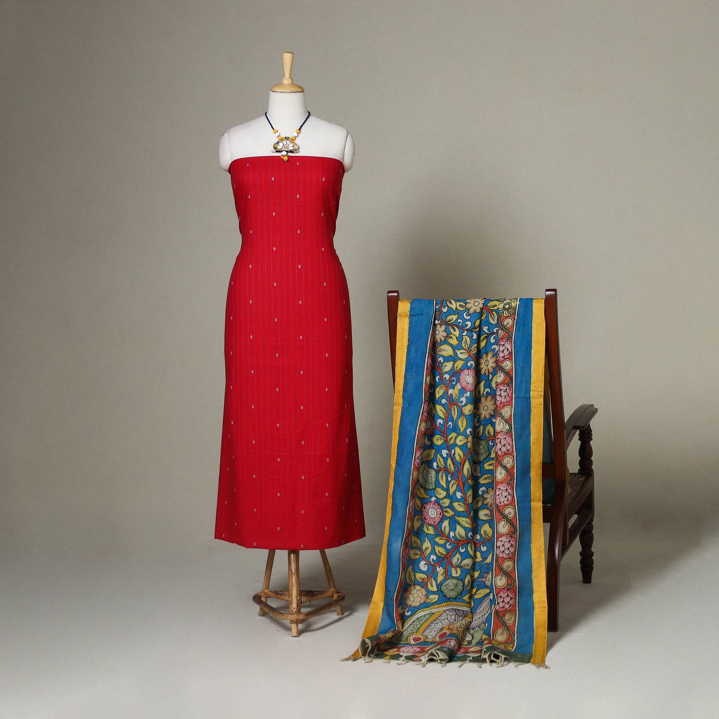 Red - 2pc unstitched jacquard dress material with jewellery