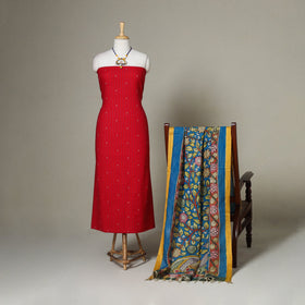 Red - 2pc unstitched jacquard dress material with jewellery