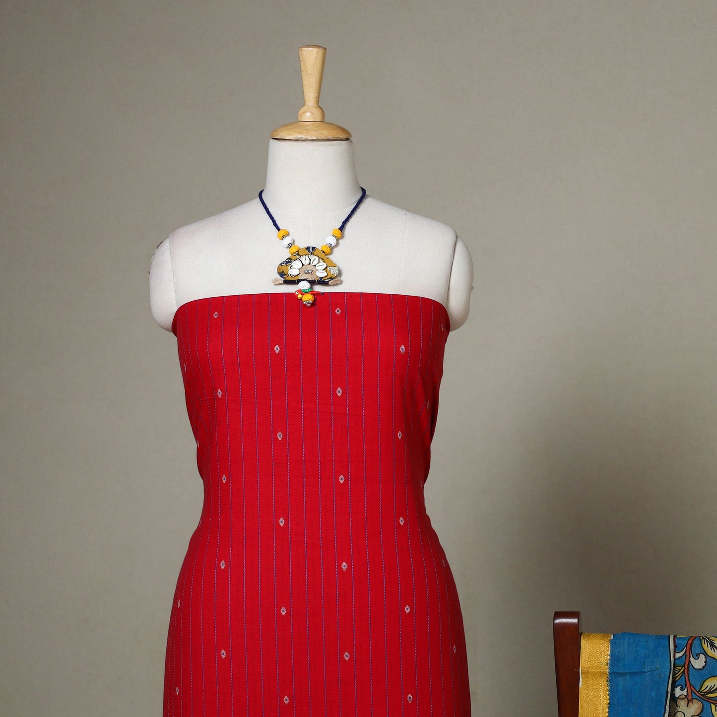 Red - 2pc unstitched jacquard dress material with jewellery
