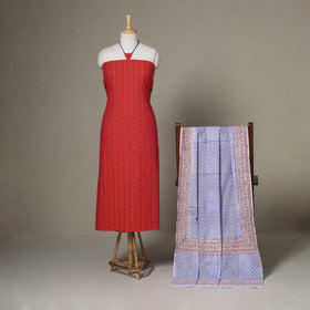 Red - 2pc unstitched jacquard dress material with jewellery