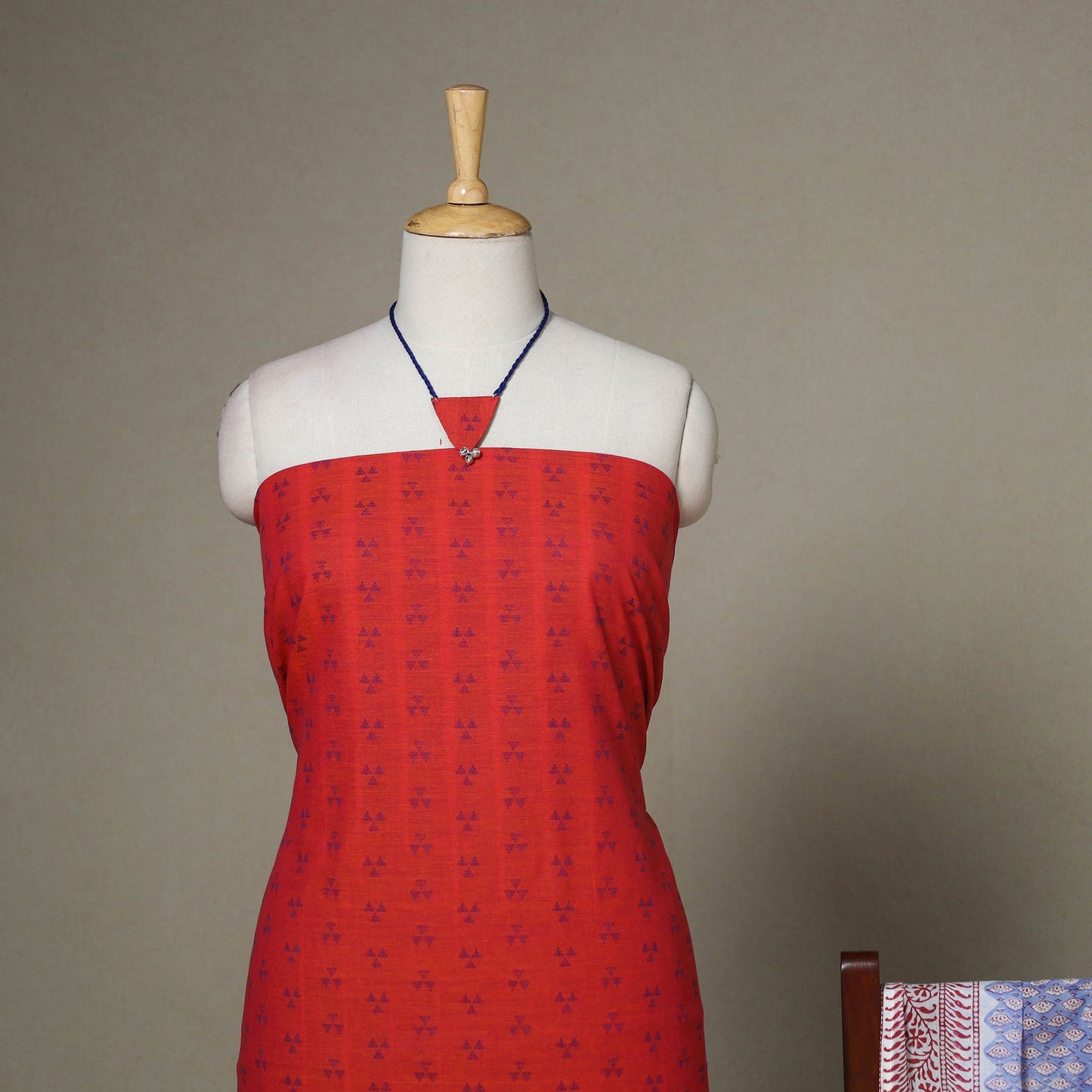Red - 2pc unstitched jacquard dress material with jewellery