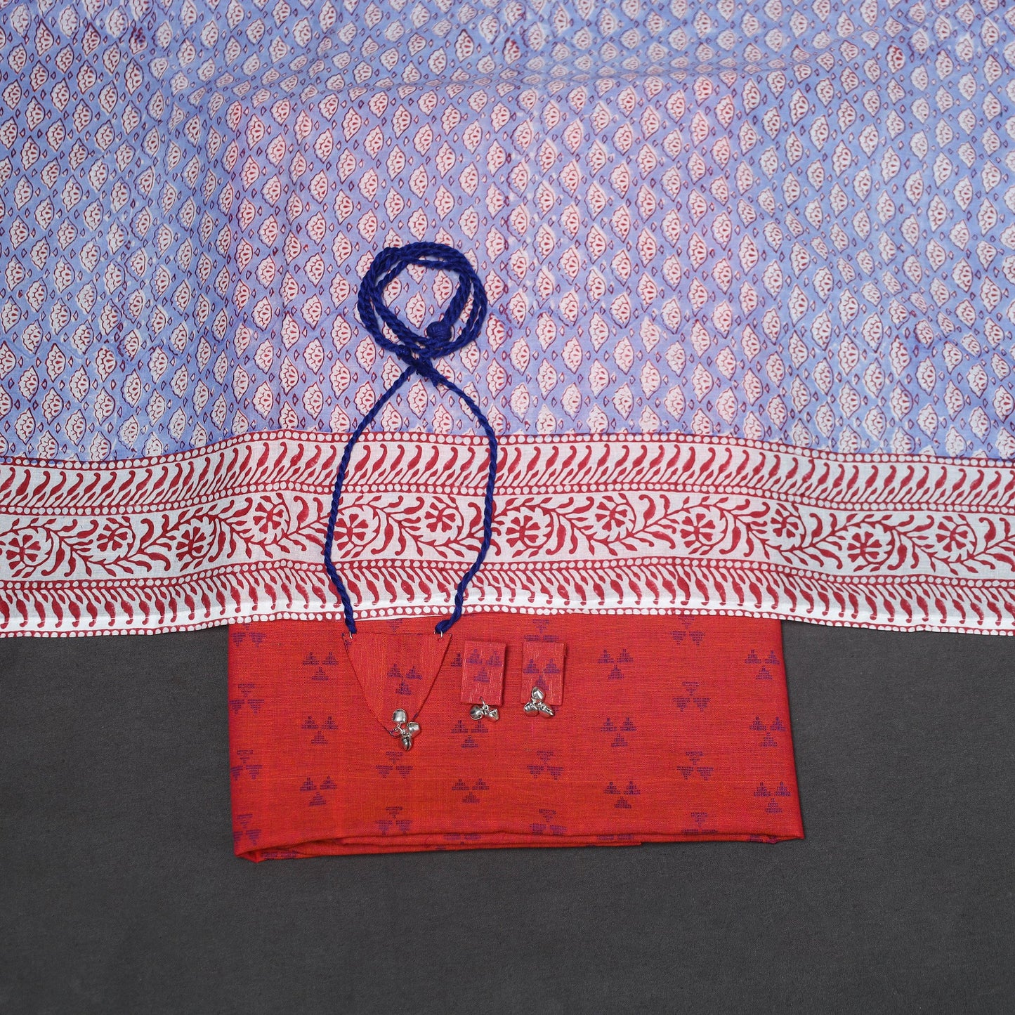 Red - 2pc unstitched jacquard dress material with jewellery