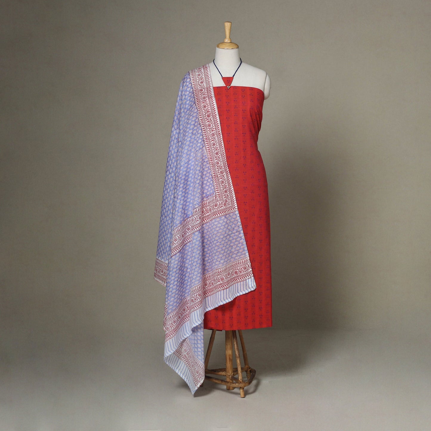 Red - 2pc unstitched jacquard dress material with jewellery