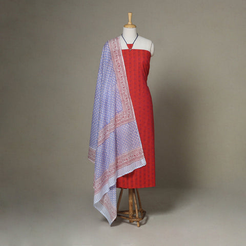 Red - 2pc unstitched jacquard dress material with jewellery