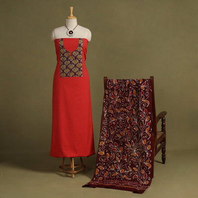 Red 2pc Unstitched Plain Dress Material with Jewellery Set