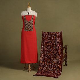 Red 2pc Unstitched Plain Dress Material with Jewellery Set