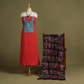 Red - 2pc unstitched plain dress material with jewellery