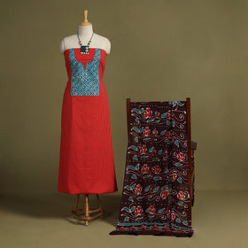 Red - 2pc unstitched plain dress material with jewellery