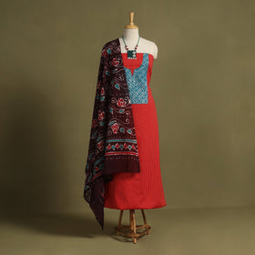 Red - 2pc unstitched plain dress material with jewellery