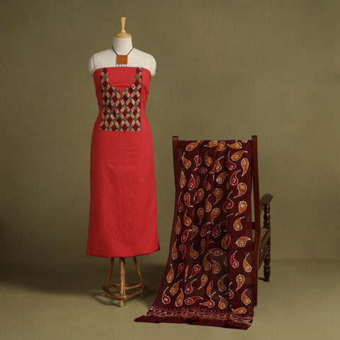 Red 2pc Unstitched Plain Dress Material with Jewellery Set
