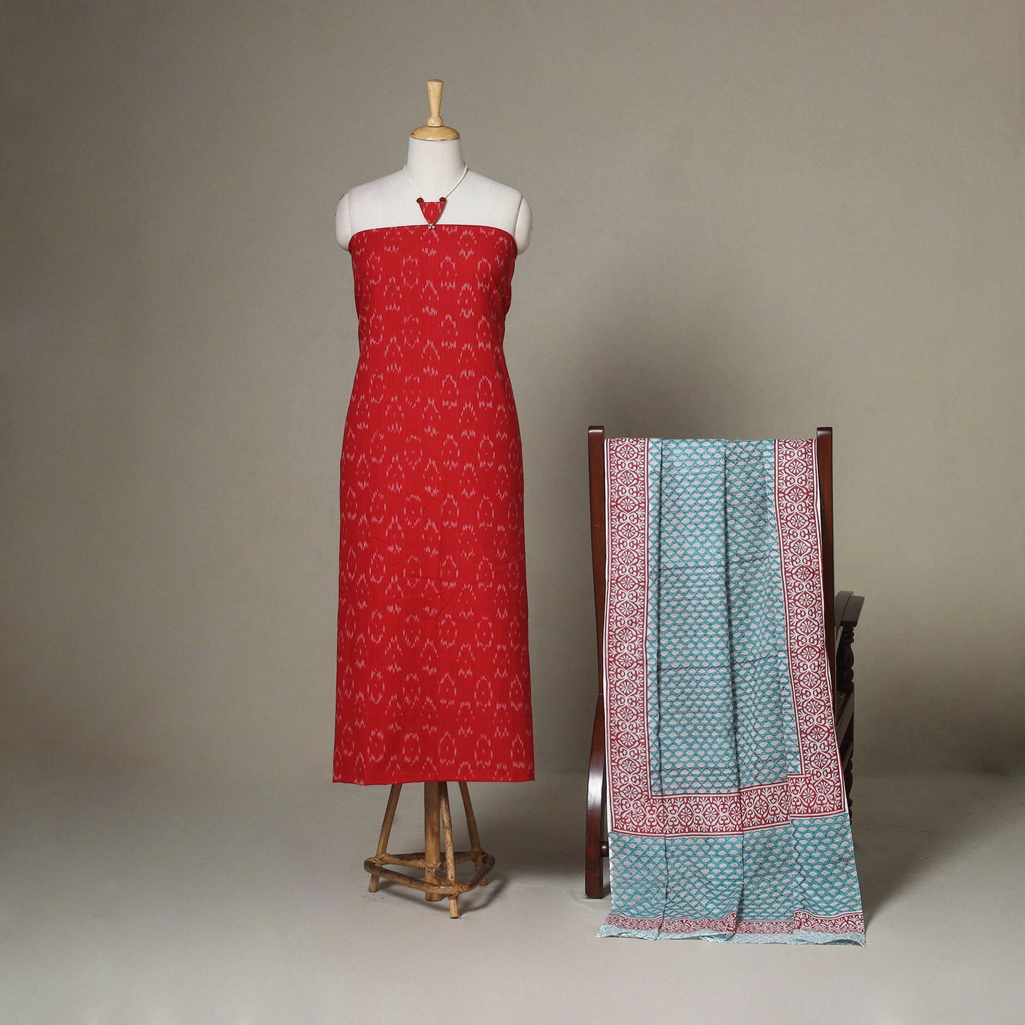 Red - 2pc unstitched pochampally ikat dress material